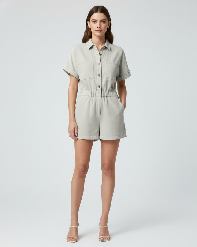 Zara Ecru Denim Utility Short Sleeve Romper Jumpsuit